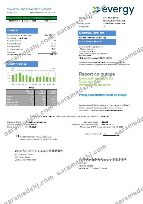 USA Missouri Evergy electricity business utility bill template in .doc and .pdf formats